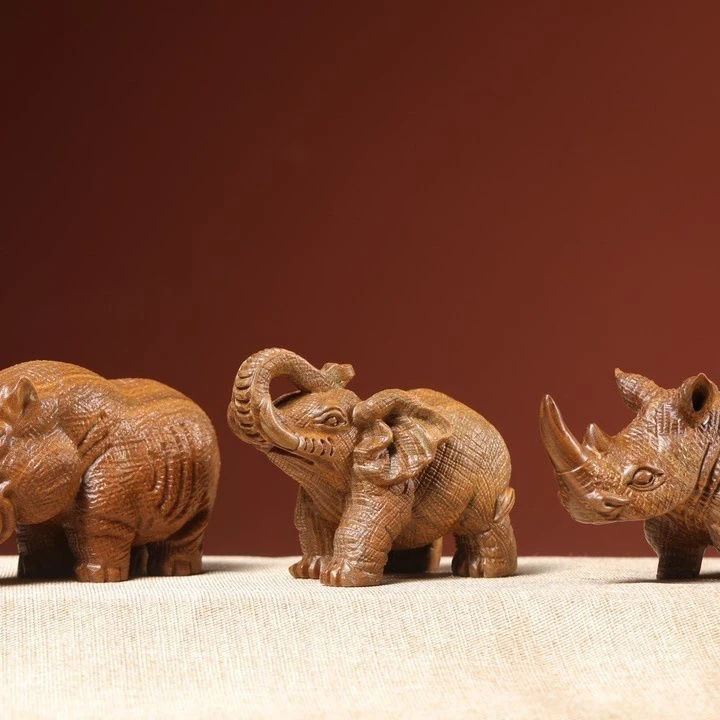 犀牛大象河马摆件绿檀木雕刻河马动物办公室客厅桌面摆件