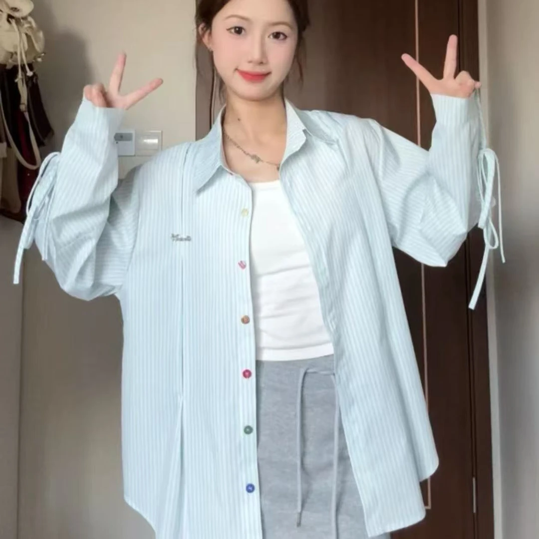 设计感小众别致系带彩色纽扣条纹衬衫女秋季长袖上衣春秋显瘦衬衣
