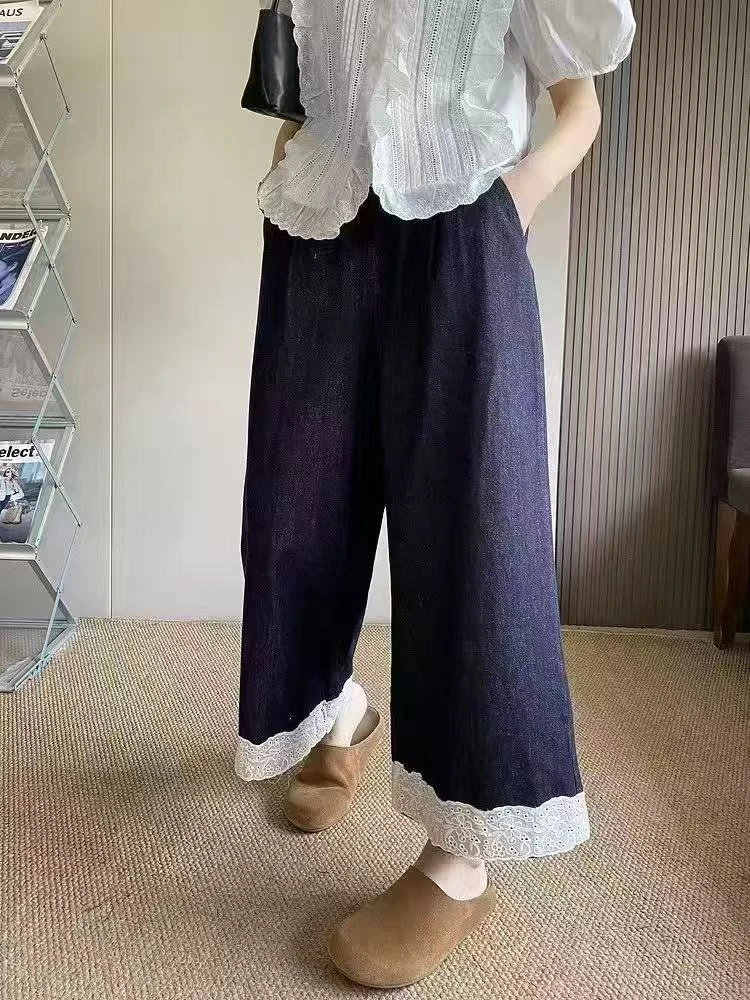 0392胖MN新款韩版时尚高腰复古显瘦百搭宽松拼接蕾丝花边阔腿裤