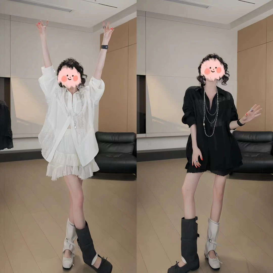 2025夏季新款时尚休闲宽松显瘦薄款防晒衬衫高腰刺绣蛋糕短裙套装