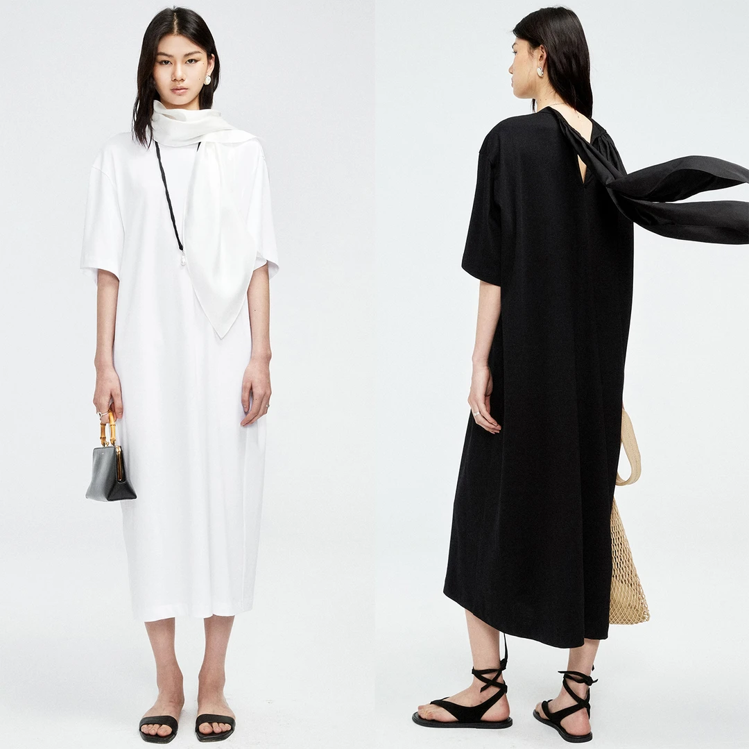 MRS Studios丝巾飘带 时髦减龄宽松显瘦宽袖百搭T恤裙连衣裙