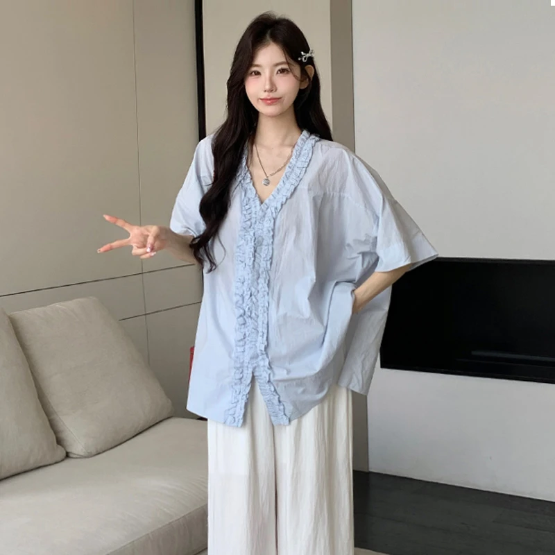 【伊伊】孕妇装2025夏季新款上衣宽松时尚韩版木耳边V领短袖娃娃衫