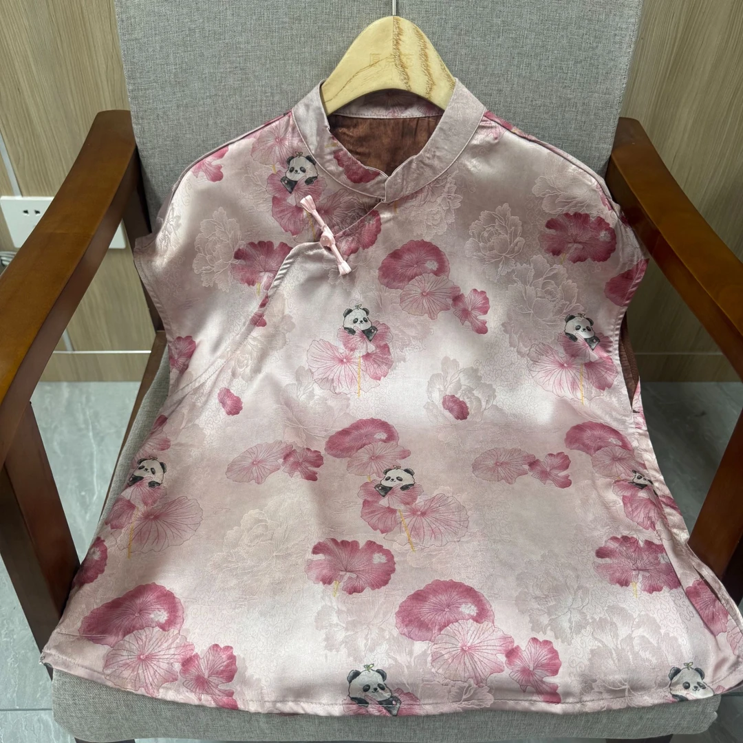 【荷塘熊猫】拼接花纹立领薄款斜襟粉熊猫无袖上衣国风小衫1124