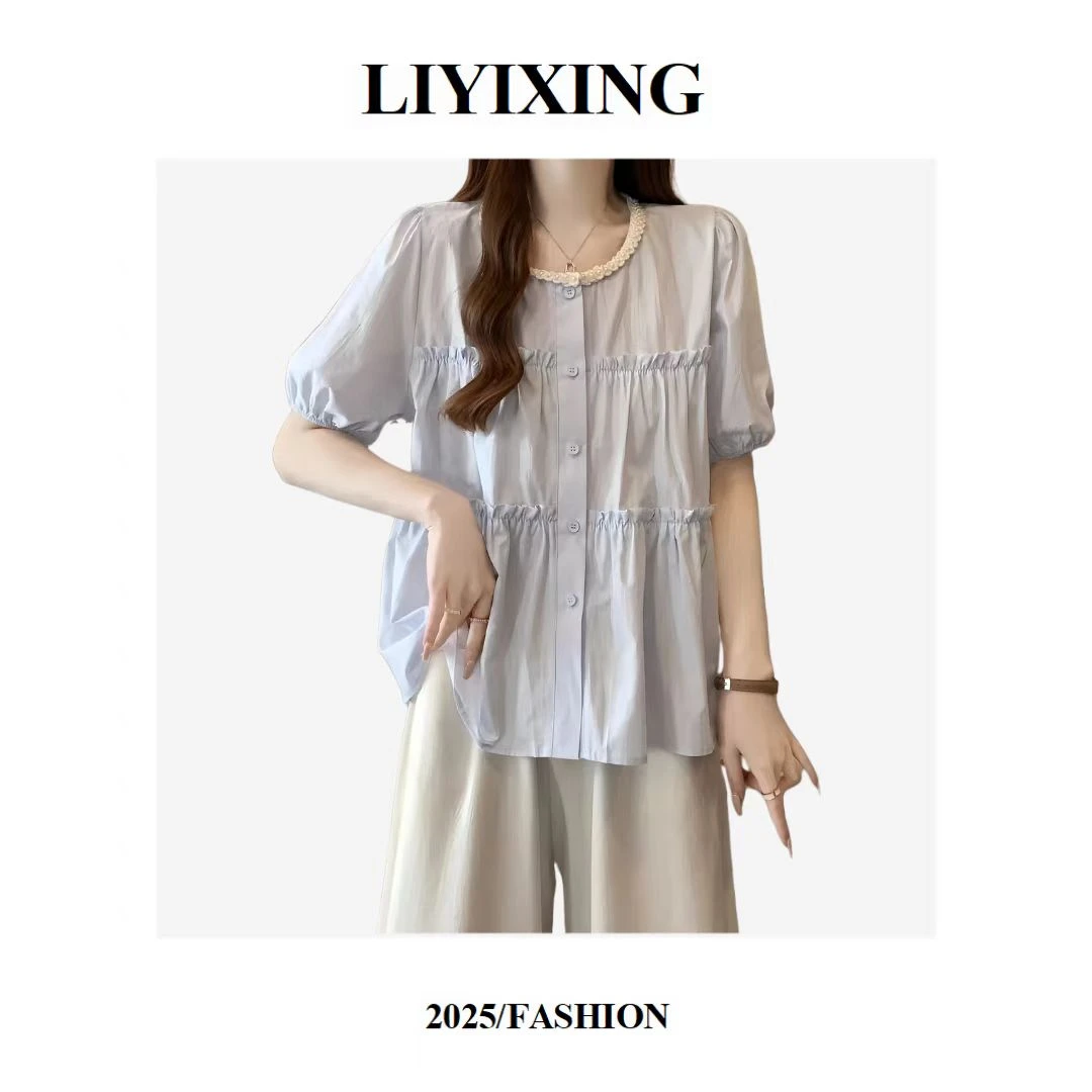【法式蕾丝】法式泡泡短袖衬衫开衫女夏装新款设计感 WW01