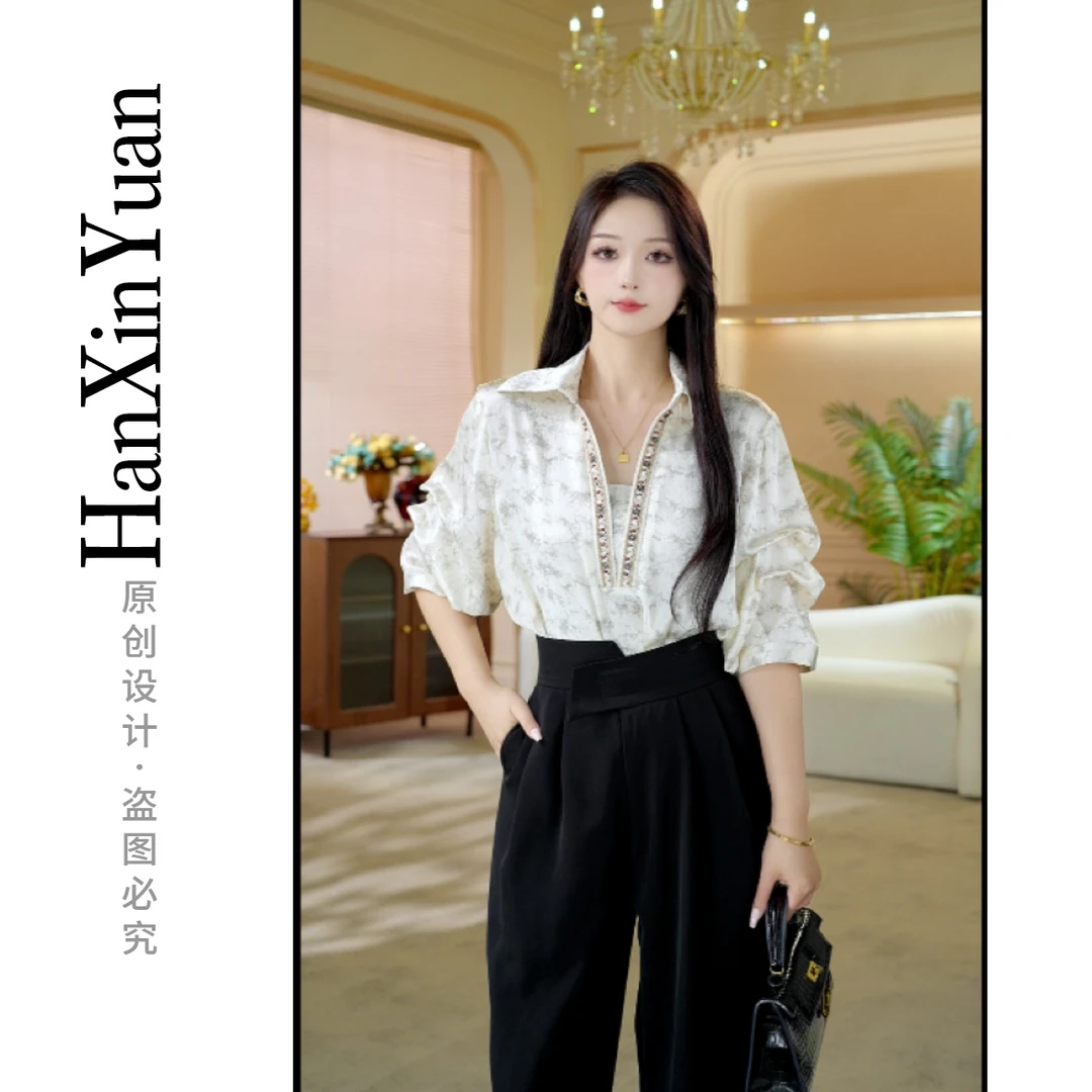 XG829-夏新款简约优雅宽松袋衬衫显瘦遮肉款洋气南油高定穿搭