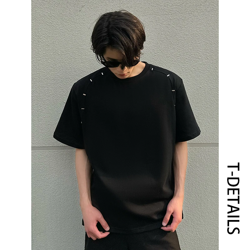 TDETAILS夏季设计感重工垫肩短袖T恤男士百搭宽松休闲金属设计