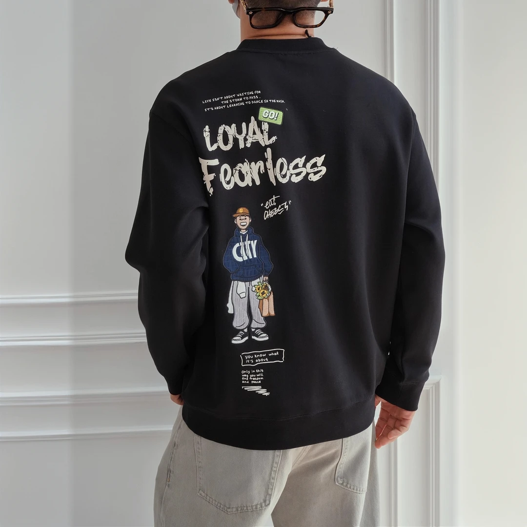 港风印花圆领卫衣男秋冬潮流情侣款长袖套头上衣青少年男装无帽