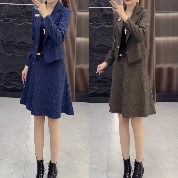 时尚套装裙女秋季新款重工烫钻满天星长袖外套+砍袖连衣裙两件套