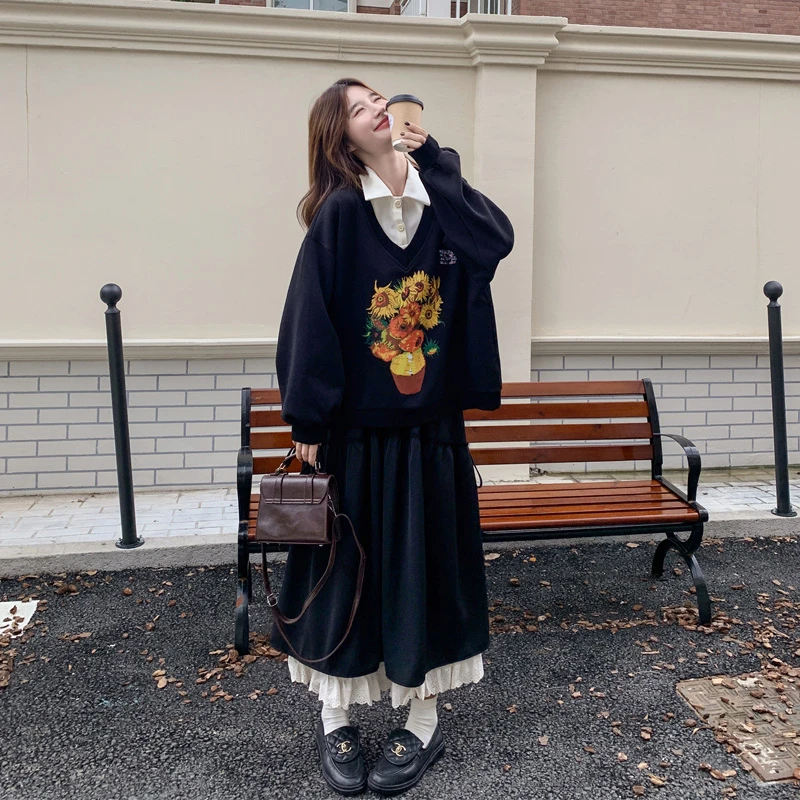 假两件向日葵印花卫衣刺绣花边半身裙2025秋冬新款韩系ins风套装