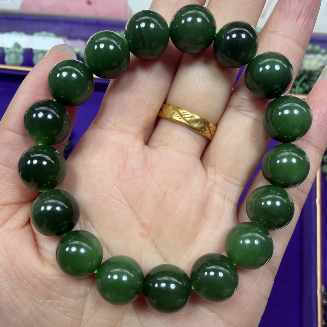 和田玉碧玉红皮老料菠菜绿手串11+mm