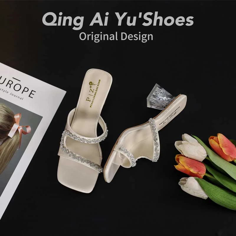 百搭方头露趾外穿水钻拖鞋女2025年夏季新款水晶跟粗跟高跟凉拖鞋