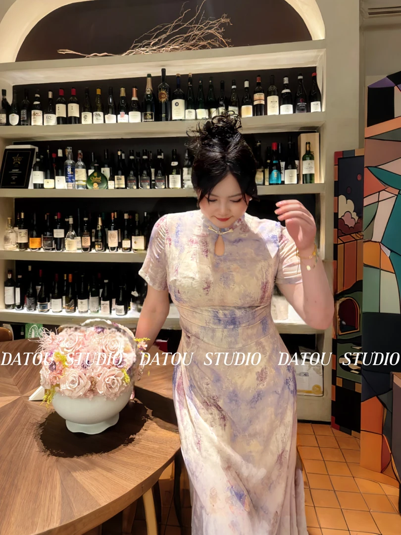 哒头.Studio【紫香玉】【超美晕染】微胖大码显瘦气质改良旗袍连衣裙