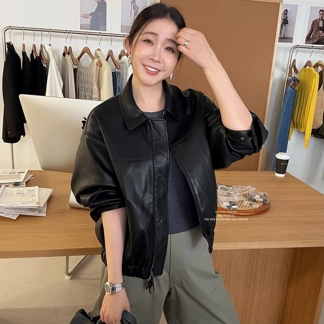 widelia陈姬儿黑色皮衣外套女春秋宽松大口袋拉链夹克上衣女7015