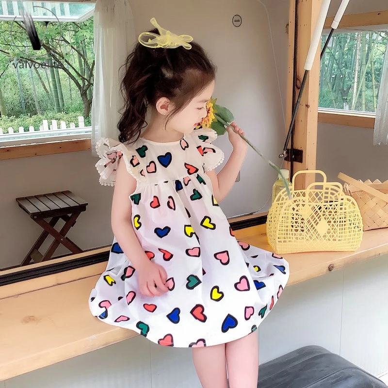 VALVOELITE女童裙子飞袖爱心连衣裙公主裙夏装新款外贸童装发儿童