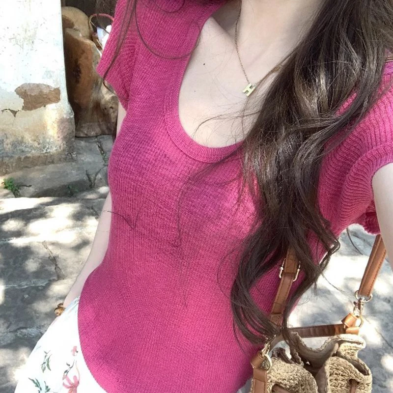 玫粉色显白u领正肩短袖T恤女夏季超好看修身显瘦冰丝针织短款上衣