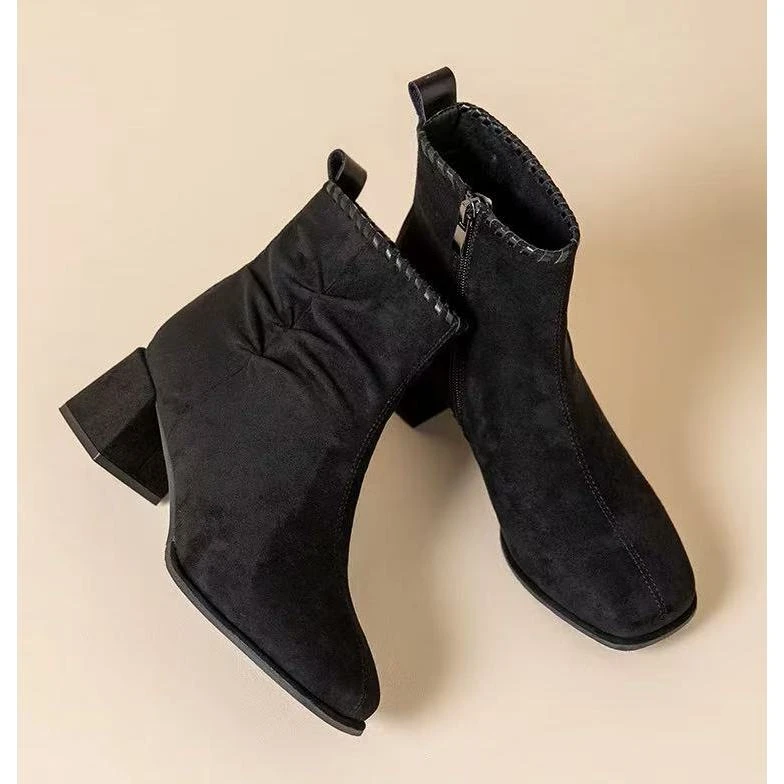 C9377  黑色   时尚秋冬气质粗跟方头后拉链时装短靴