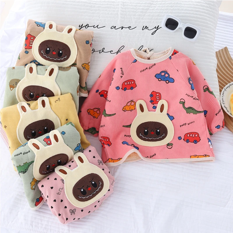 儿童外套洋气条绒加厚宝宝保暖罩衣护衣长袖围兜秋冬儿童罩衣外穿