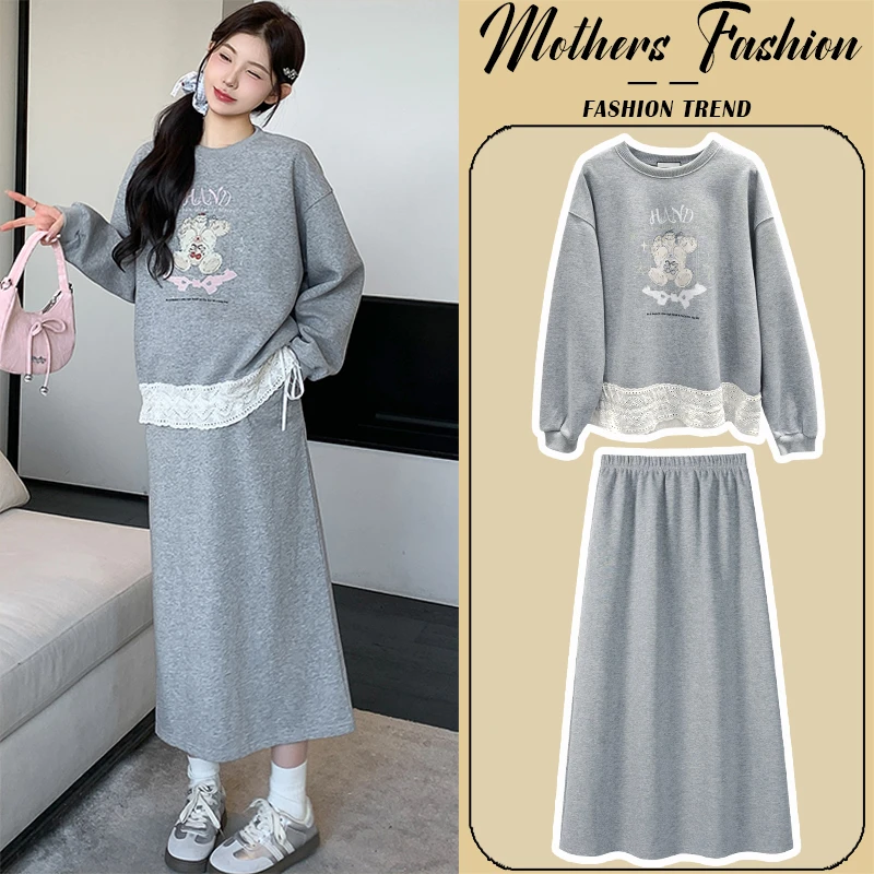 孕妇连衣裙套装春秋2025新款韩版高级感拼接蕾丝卫衣半身裙两件套