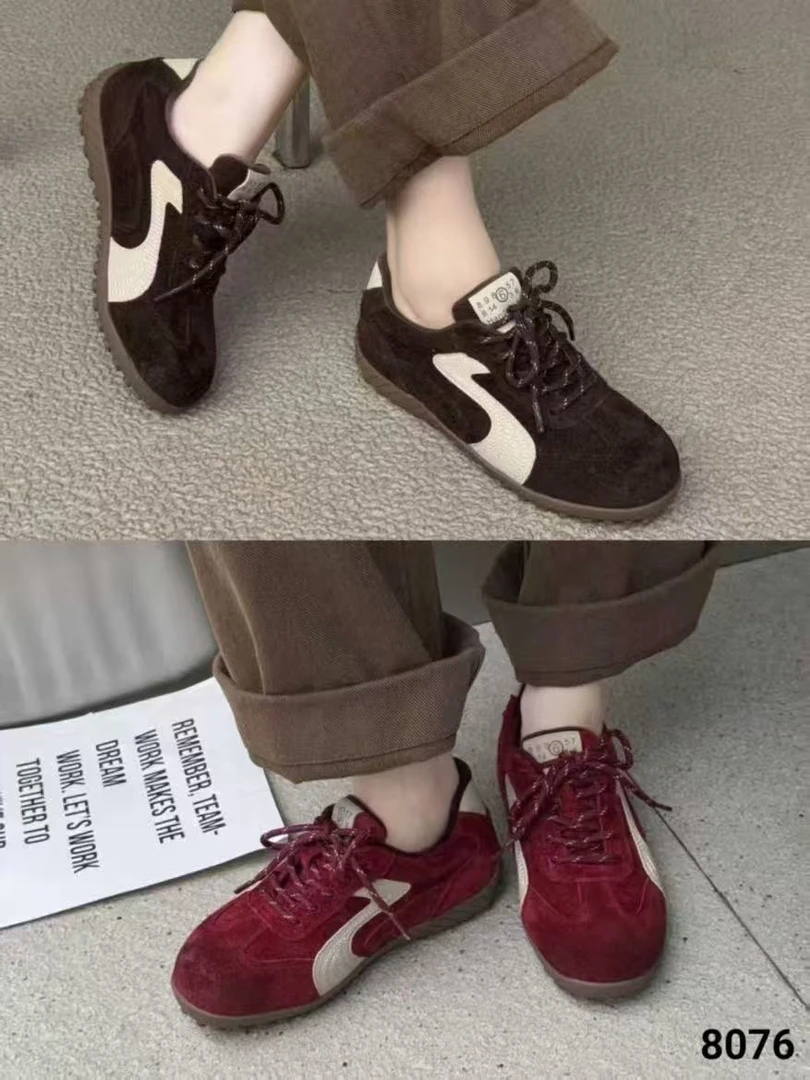 8076 复古防滑时尚休闲鞋女鞋平底德训鞋休闲风系带软底