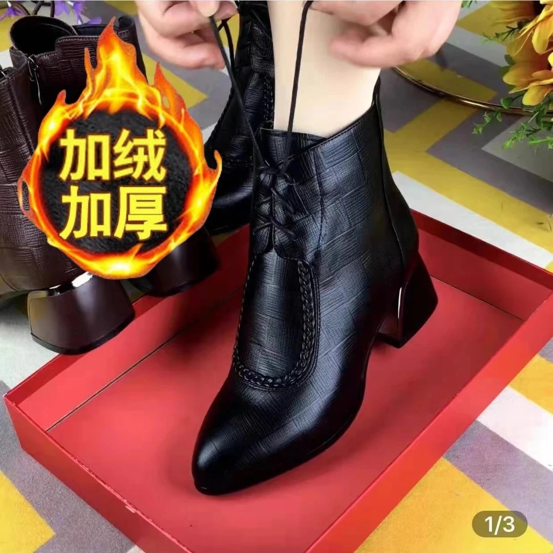 短靴女新款中跟粗跟单靴冬加绒马丁女靴