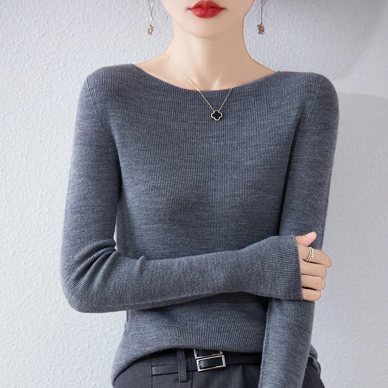 一线成衣薄款一字领100羊毛衫修身舒适软糯百搭针织衫打底衫气质P