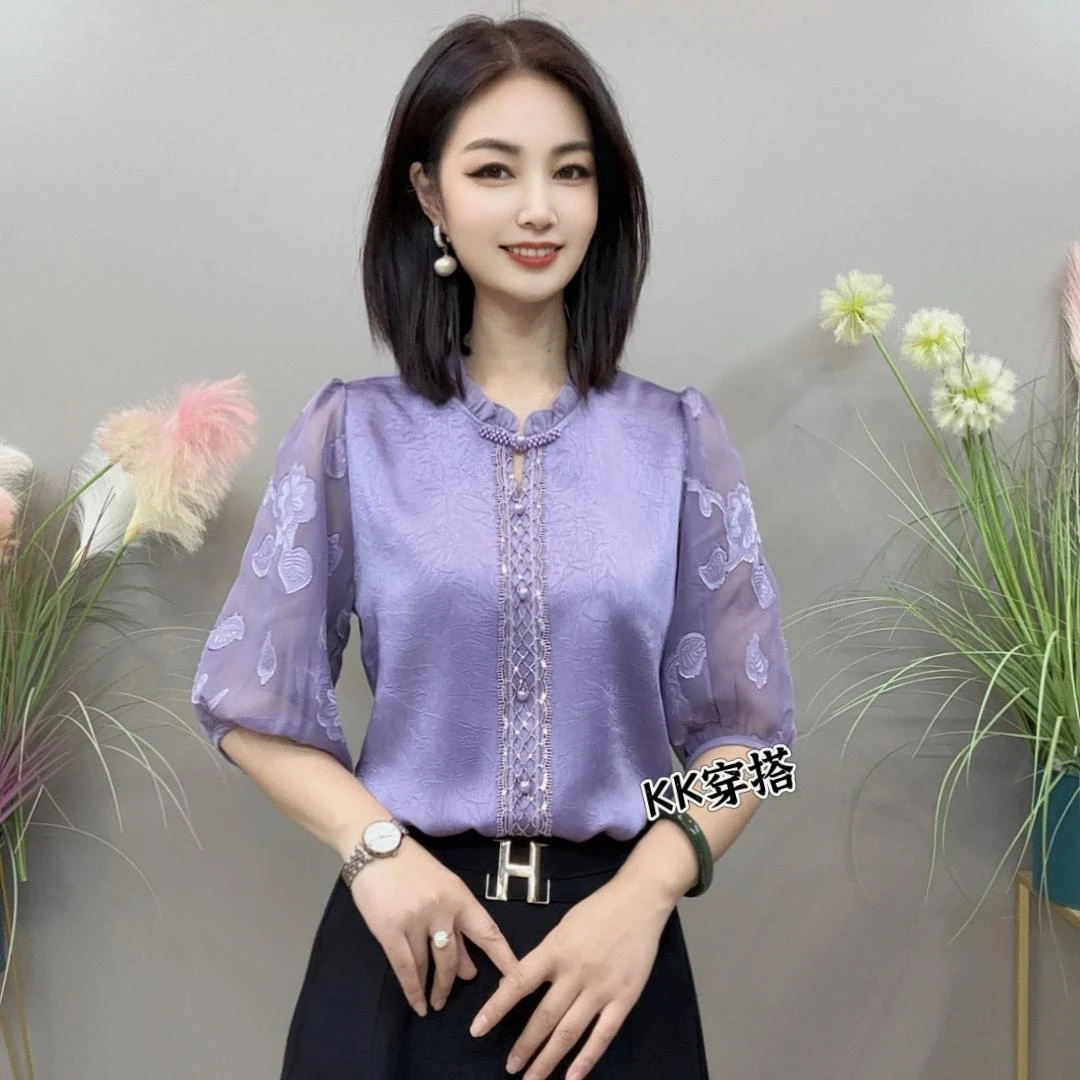 夏季经典小花边领拼接蕾丝五分袖款气质百搭衬衫