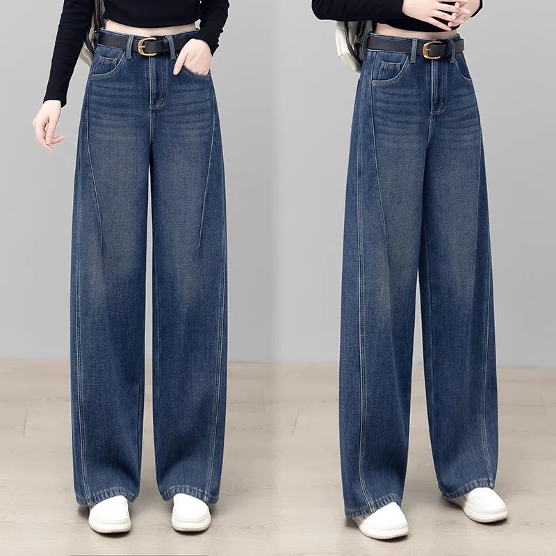 拉夏贝尔弯刀牛仔裤2025春秋高腰显瘦时尚百搭垂感宽松窄版阔腿裤