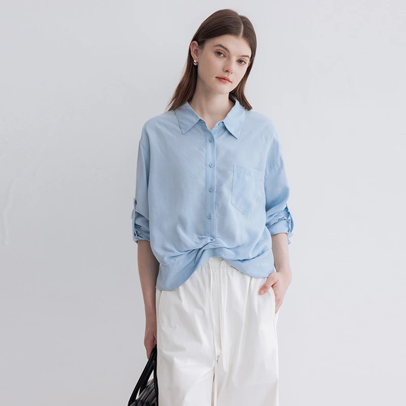 DotDrobe/多着天丝亚麻 下摆交叉扭结长袖衬衫女春夏宽松-两色入