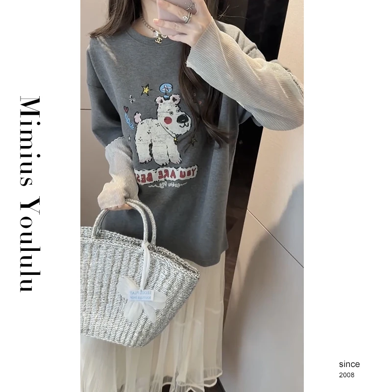 【mimius】L 休闲运动设计感假两件圆领印花小狗上衣 G03365