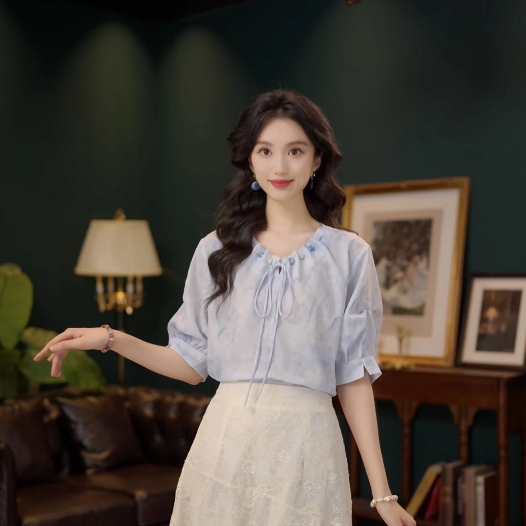 琦琦【磁带雪】甜美休闲百搭小众短袖女夏季上衣YF1102657