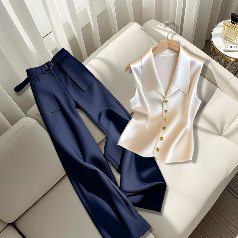 2025夏季新款赴约极简女装超好看显瘦V领上衣宽松直筒裤两件套装