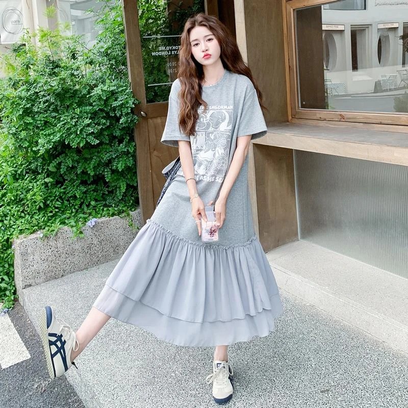 灰色韩版学院风字母雪纺拼接荷叶边t恤长裙新款休闲显瘦连衣裙夏