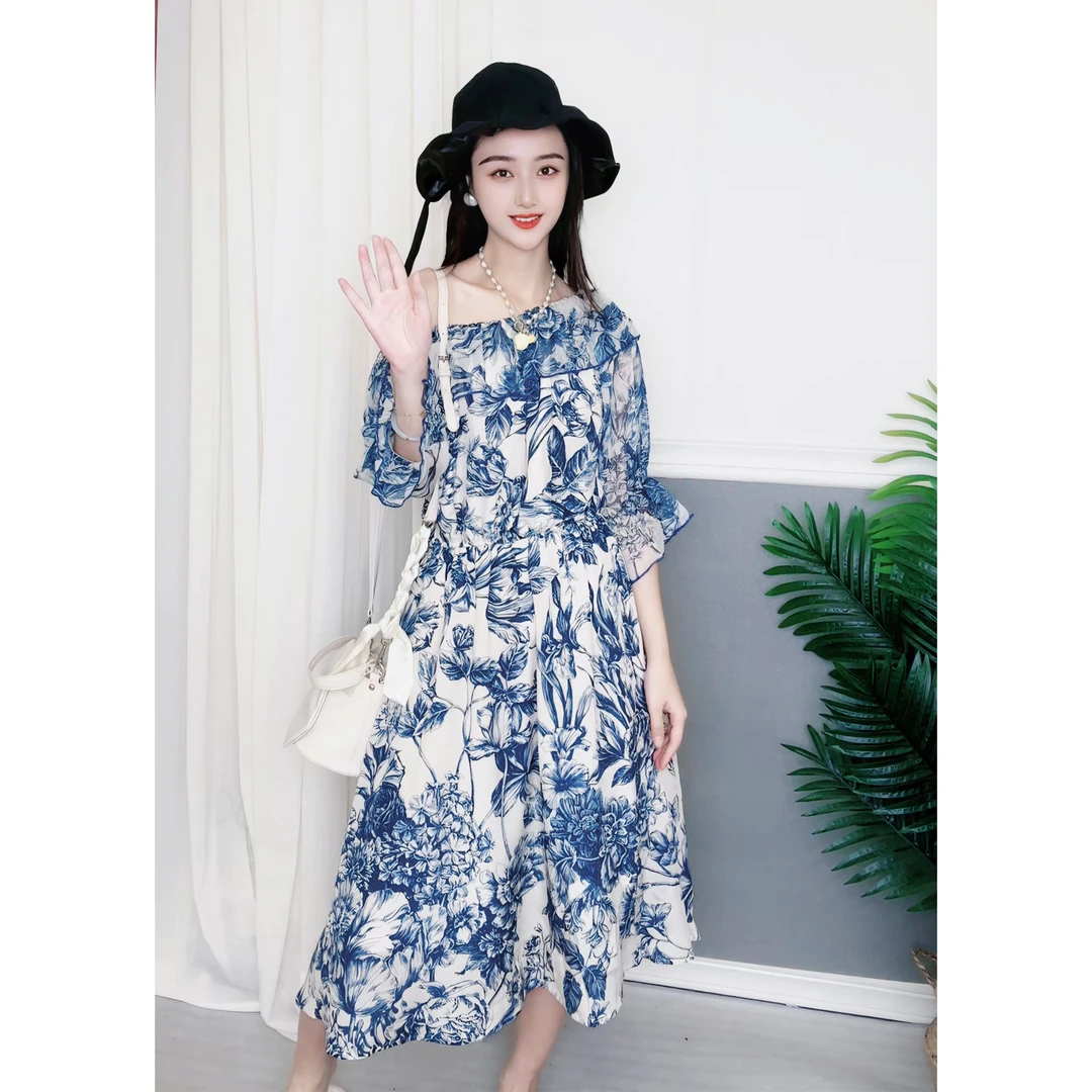 青花瓷国风古韵荷叶边气质真丝长裙100桑蚕丝连衣裙LYQ090