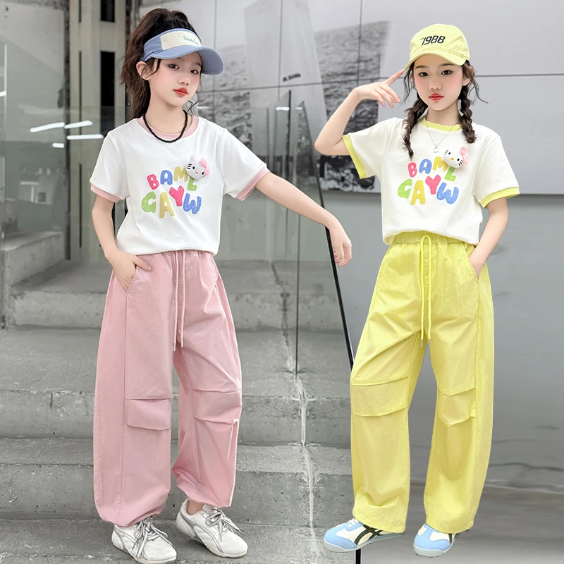 女童夏季套装2025新款中大童短袖工装长裤两件套女孩洋气夏装薄款