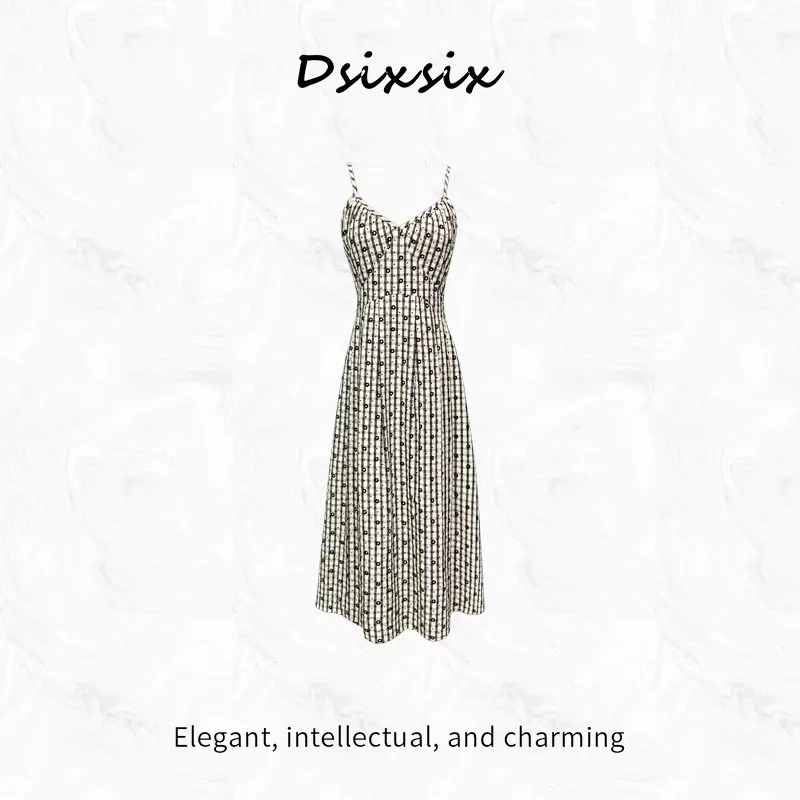 WBR【清尘初静】春夏新款设计师款黑白格吊带连衣裙