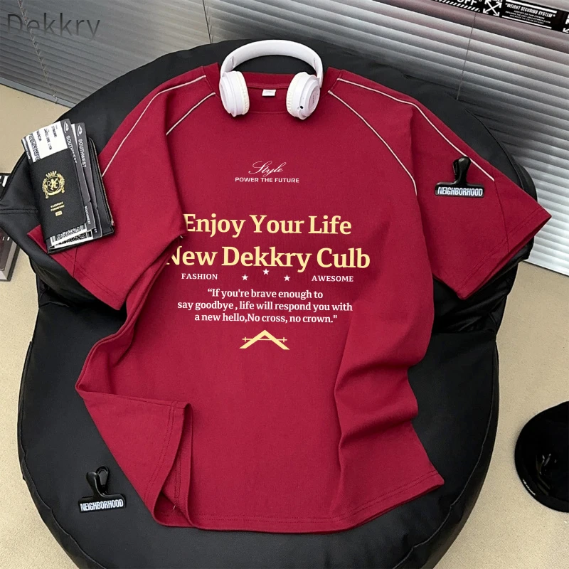 Dekkry夏季高级感百搭宽松纯棉短袖美式潮牌字母印花上衣男女情侣