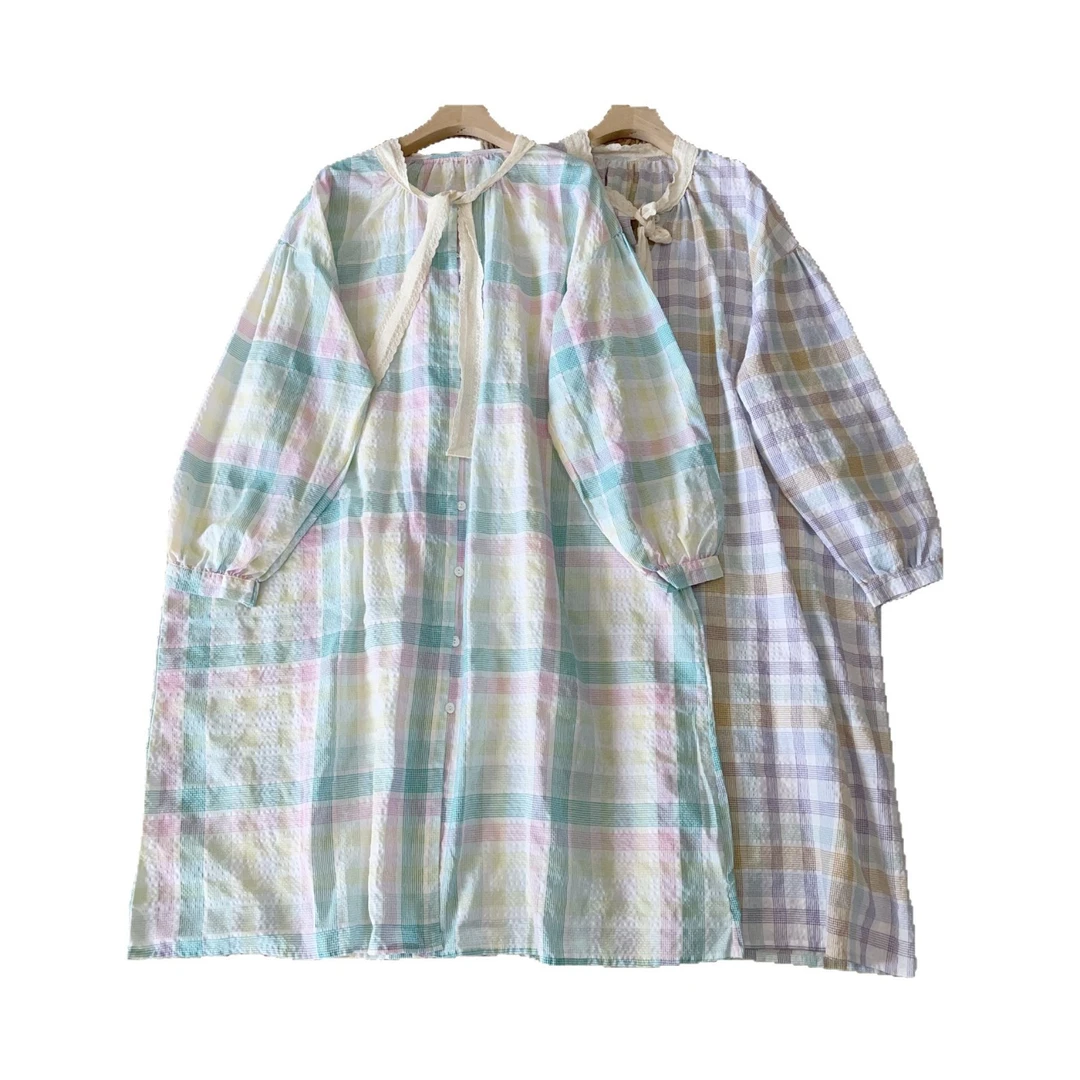 复古文艺格纹短袖泡泡棉连衣裙女夏季2025新款温柔风宽松舒适