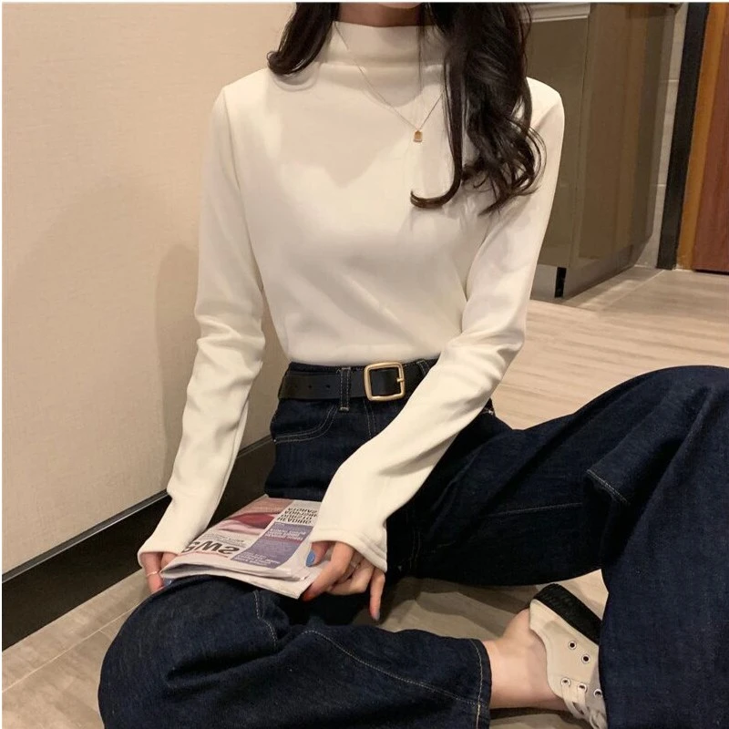 德绒半高领打底衫女2023秋冬白色长袖t恤女加绒加厚内搭洋气上衣1