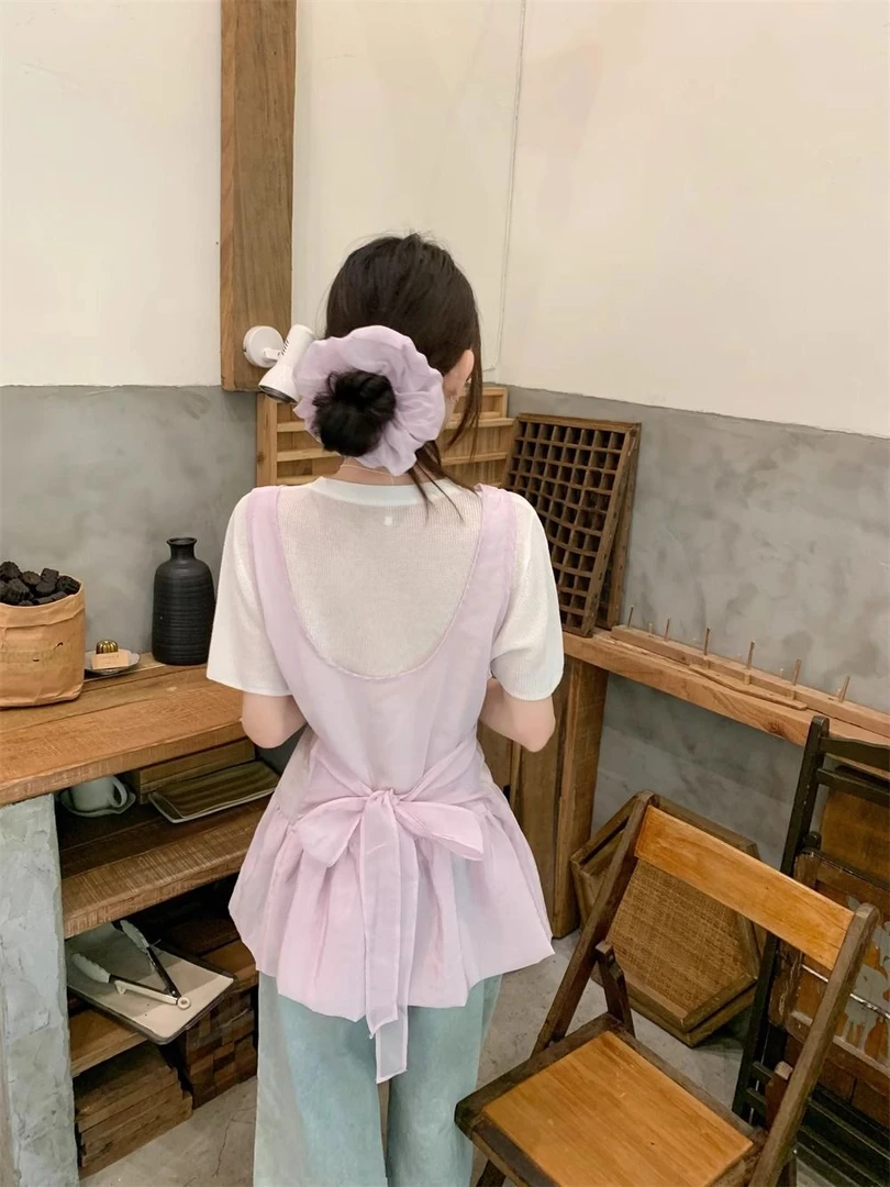 美奈美衣夏日心动蝴蝶结背心设计百搭短袖两件套带头花