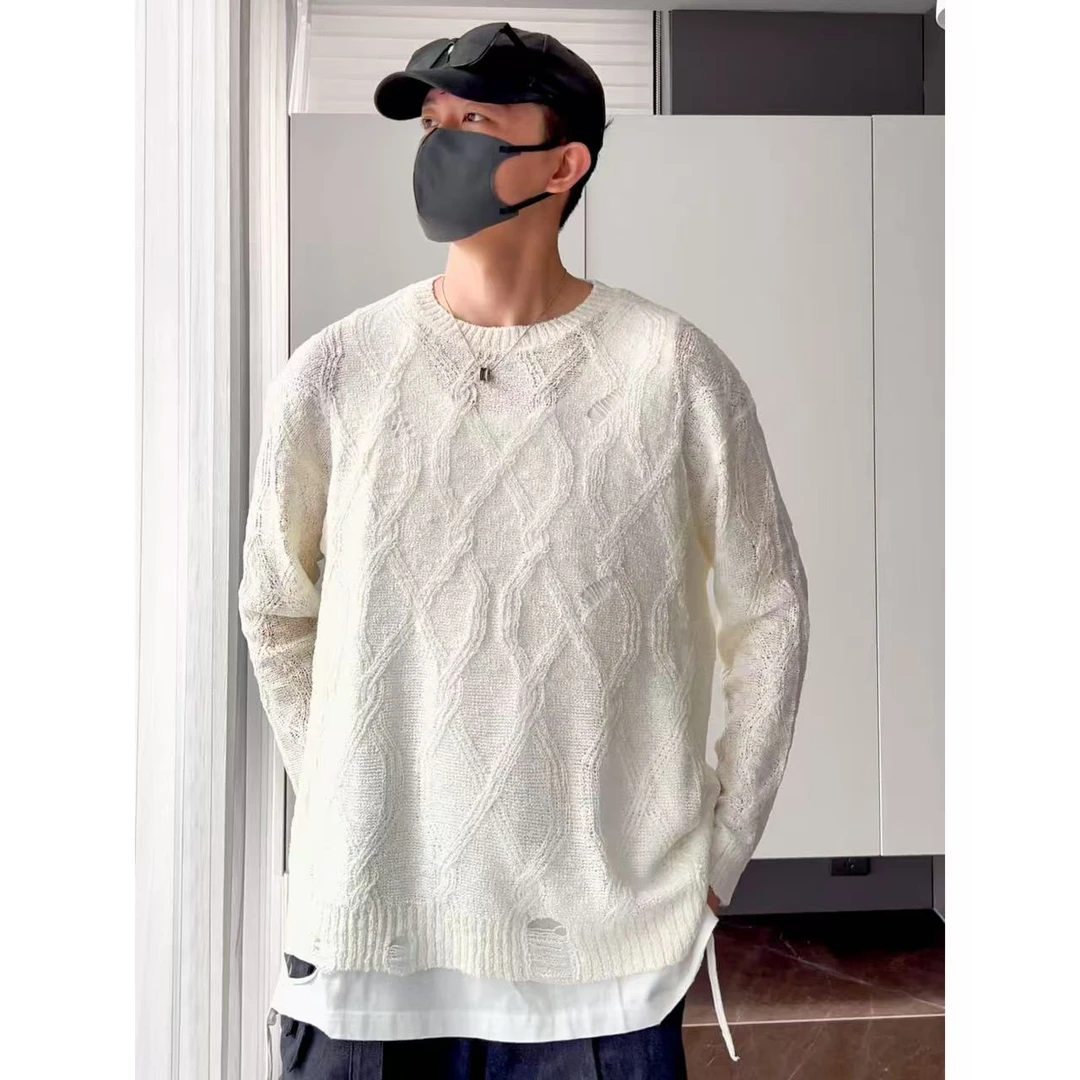 大圣圣 春季休闲镂空菱形格纹宽松慵懒风长袖针织T恤男TOP 81183