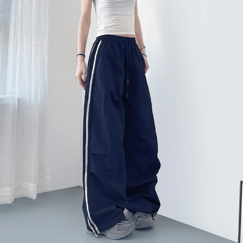 高腰条纹运动裤女夏季大码胖mm宽松遮肉显腿长拖地束脚休闲阔腿裤