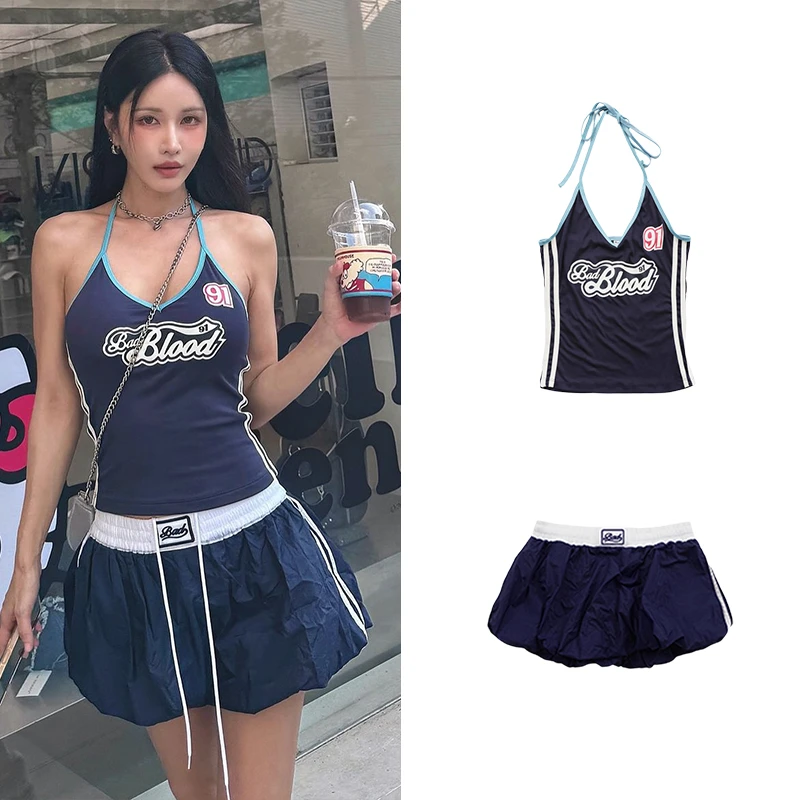 badblood25夏季韩国ins博主吊带女挂脖式性感辣妹短款露脐背心女