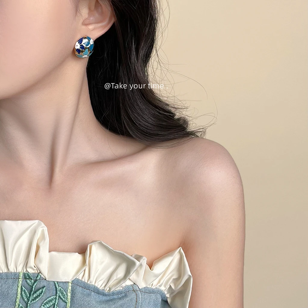 800银珐琅耳饰 【海洋系列】夏日新款花丛渐变蓝花朵珐琅滴釉银针