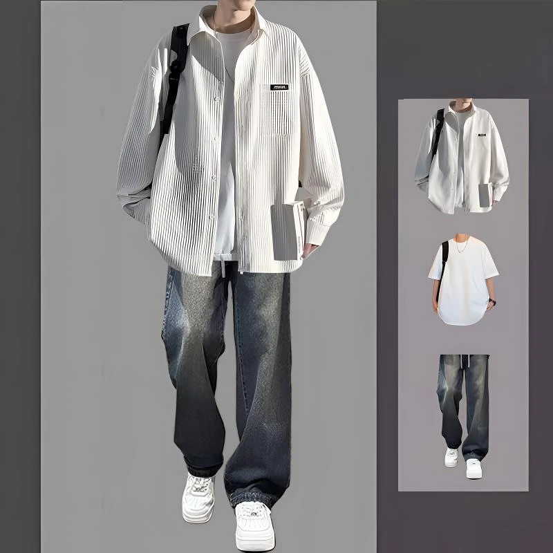 青少年衬衫男生套装2025春秋新款潮流痞帅穿搭衬衣休闲外套三件套