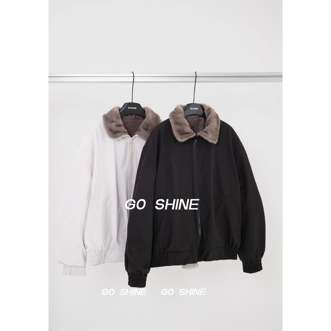 GO SHINE冬季加绒两面穿银蓝狐水洗牛津帆布毛绒棉服外套
