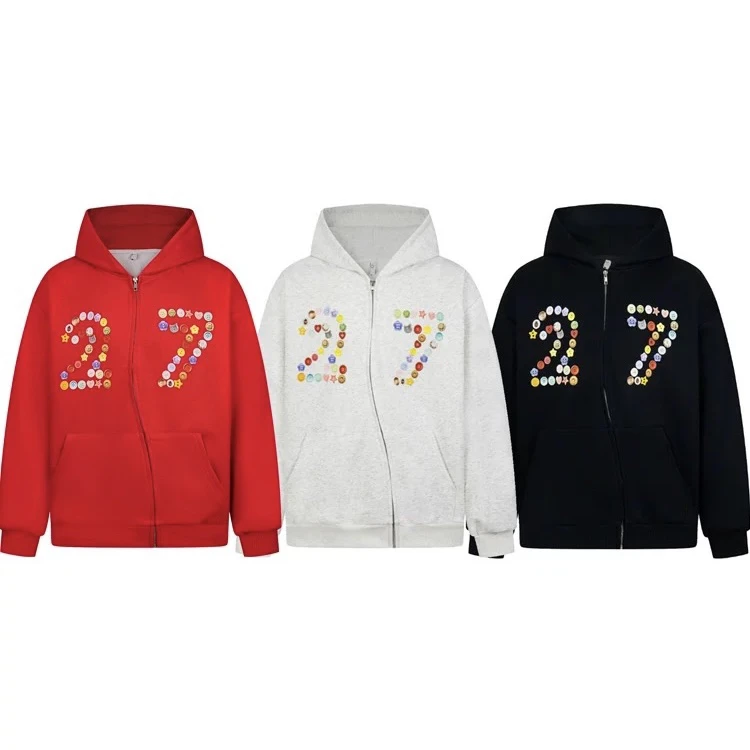 592C 男女同款3D数字印花拉链连帽外套