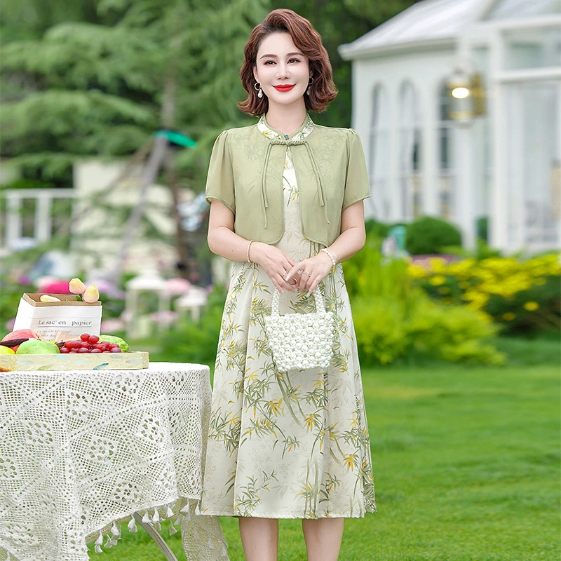 新中式妈妈夏装套装连衣裙新款新款气质中老年夏季国风两件套裙子