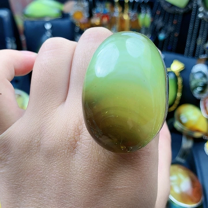 琥珀裸石银S925镶嵌戒指