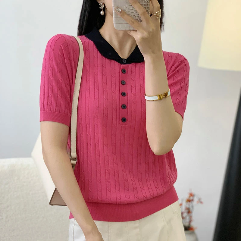 【香嘉怡新品】XJYE7161女士100莱赛尔撞色小翻领纽扣套头针织衫