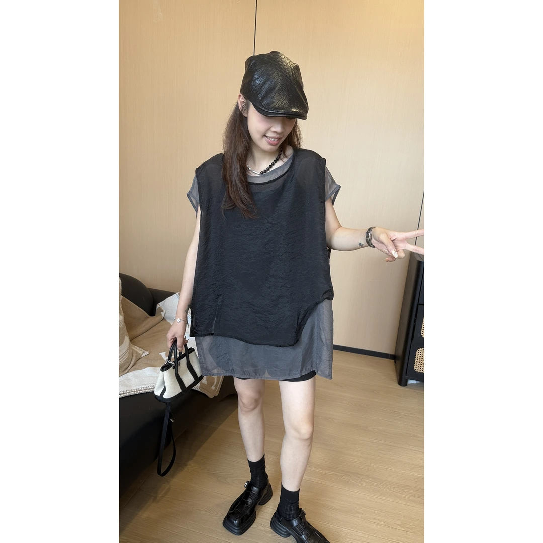 二姐的宝藏韩版夏季新款时尚薄款圆领宽松不规则两件套T恤#25216